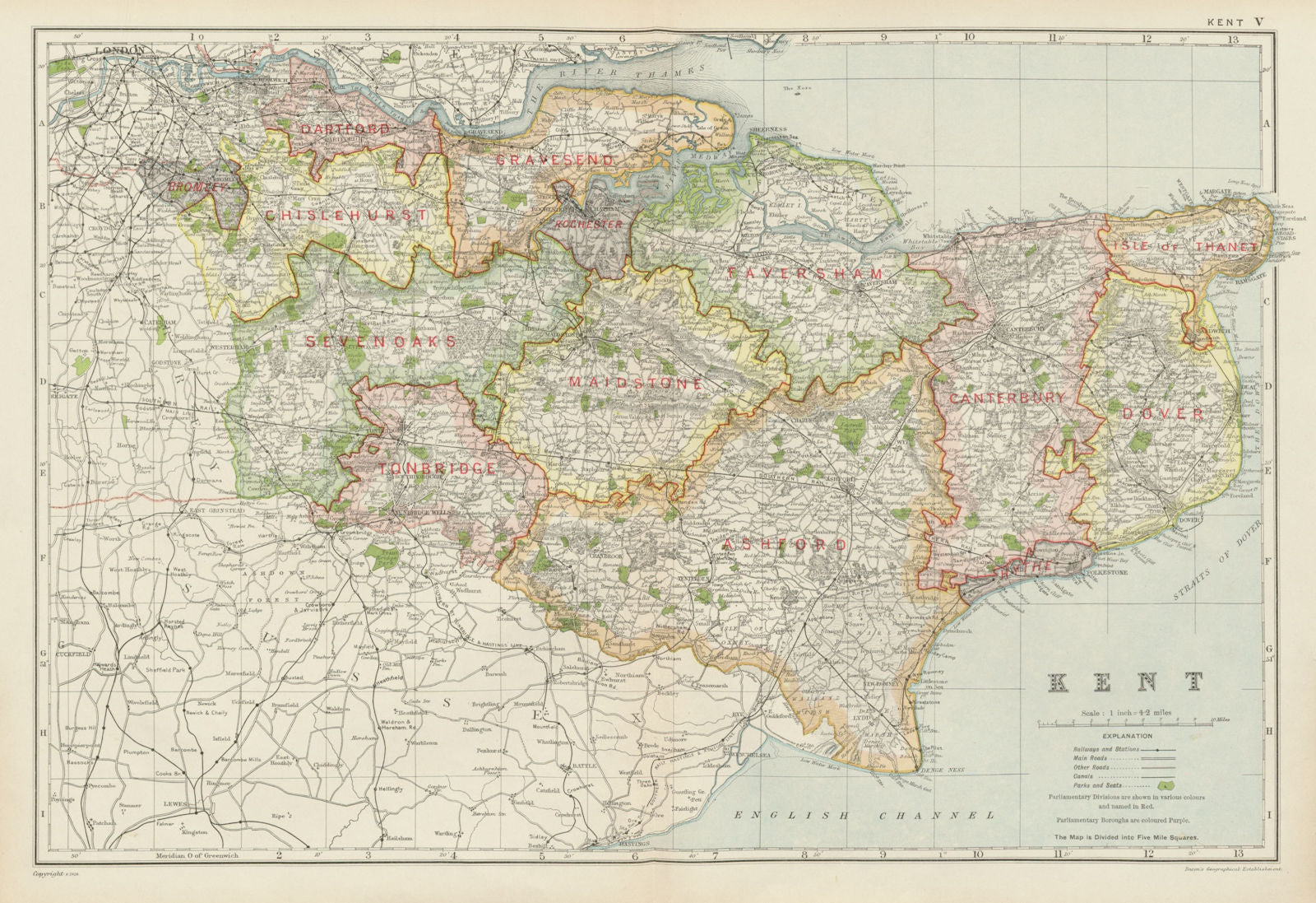 KENT. Showing Parliamentary divisions, boroughs & parks. BACON 1934 old map